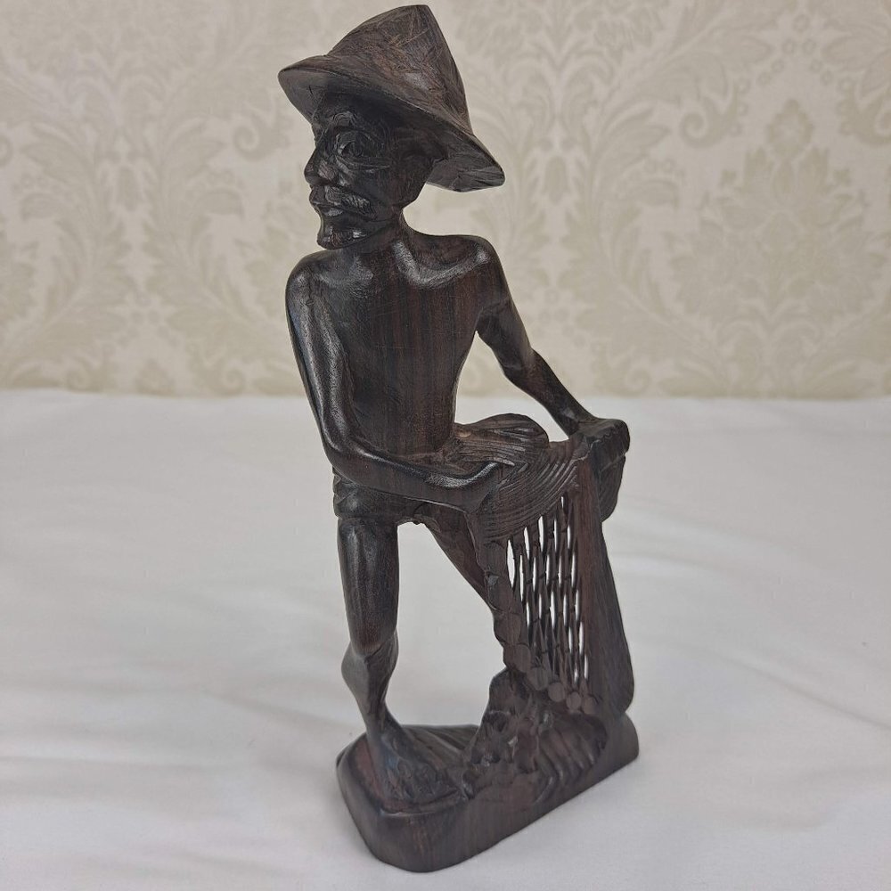 Hand Carved Wooden Statue Island Man Wearing Hat With Fishing Net